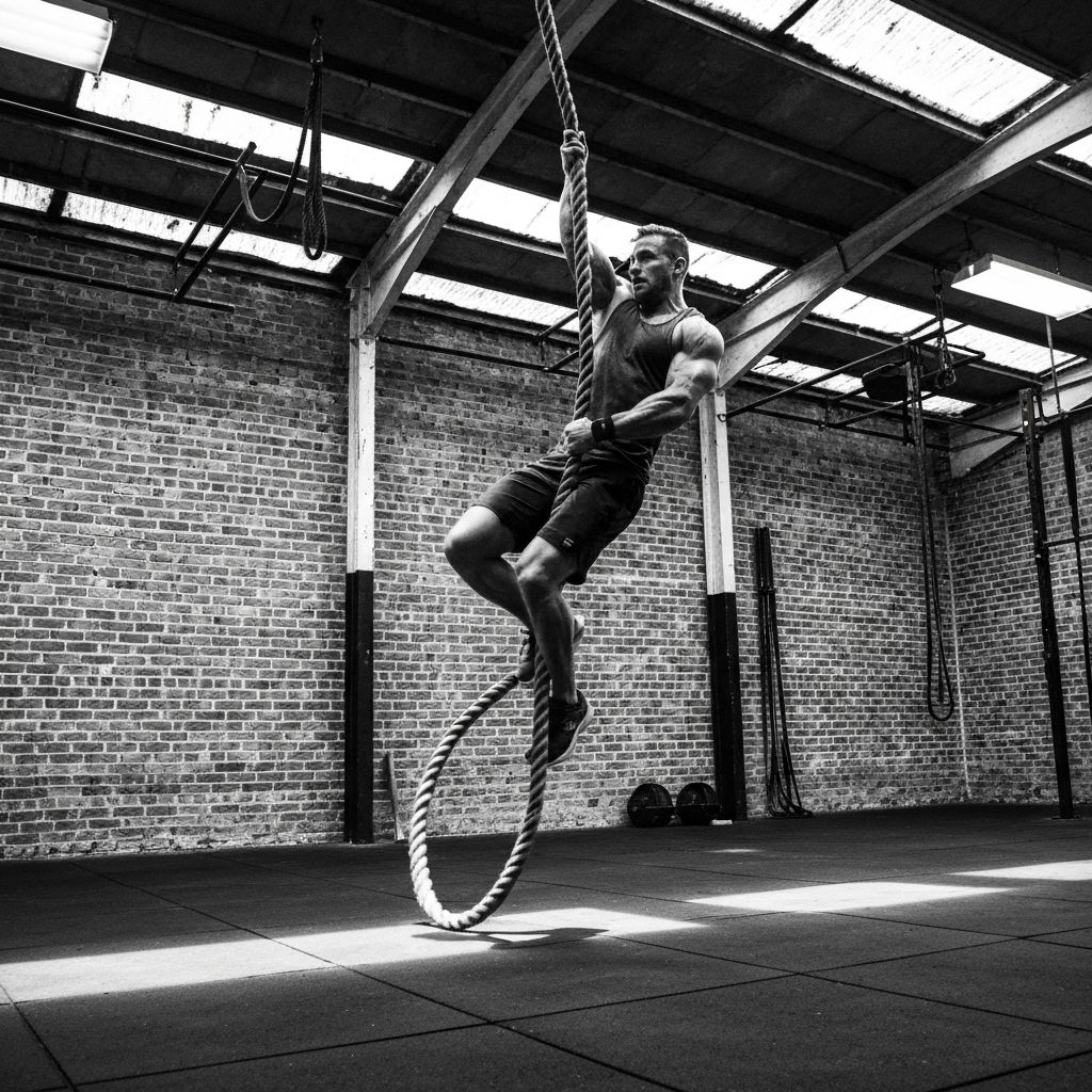 Athlete performing rope climbs in an industrial CrossFit gym